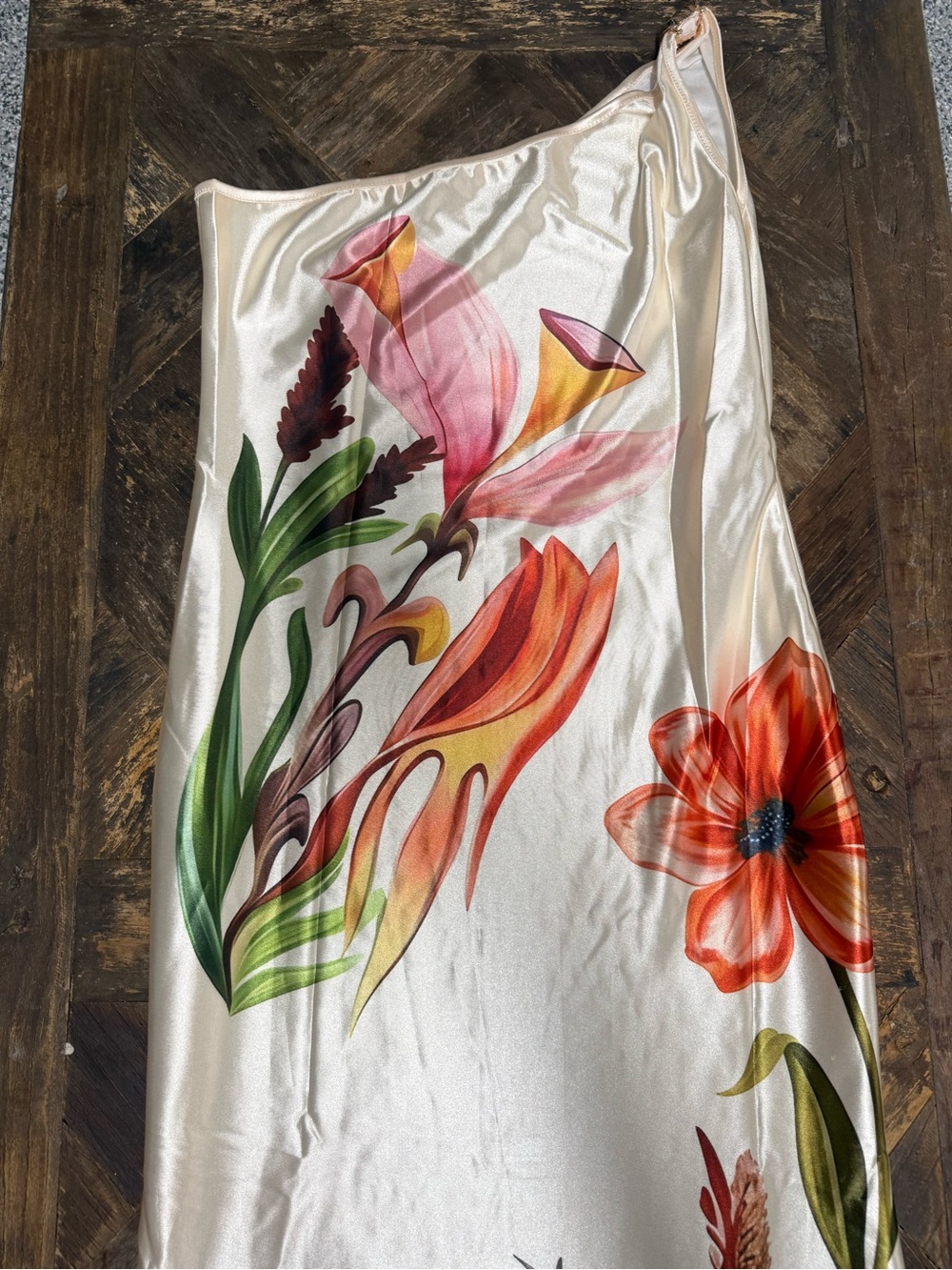 One-Shoulder Cream Floral Slip Dress, Floor Length